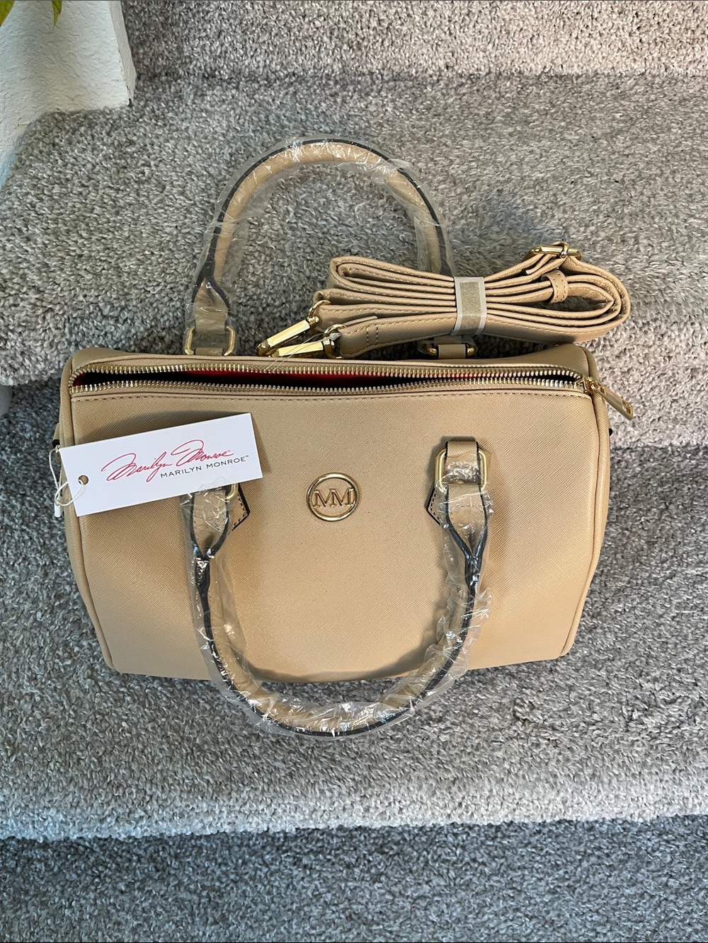 Marilyn Monroe Light Beige Satchel with Gold-Tone Accents